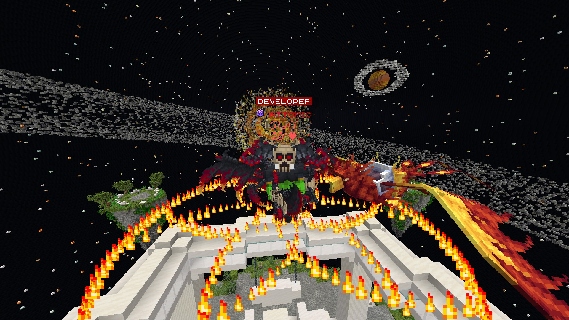 Personagem Developer com cosméticos premium - dragão pet, partículas de fogo e efeitos especiais