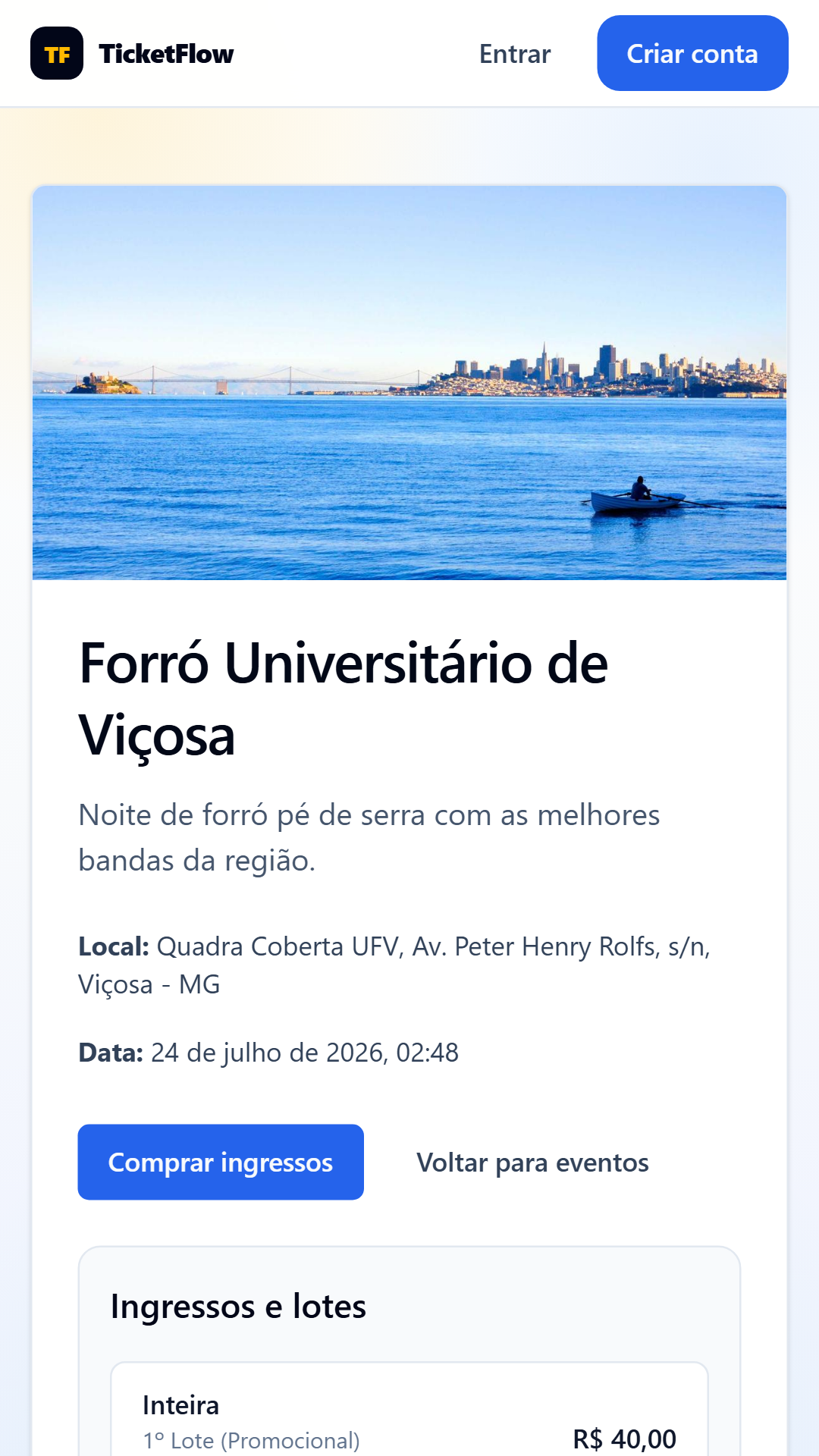 Página do evento no celular