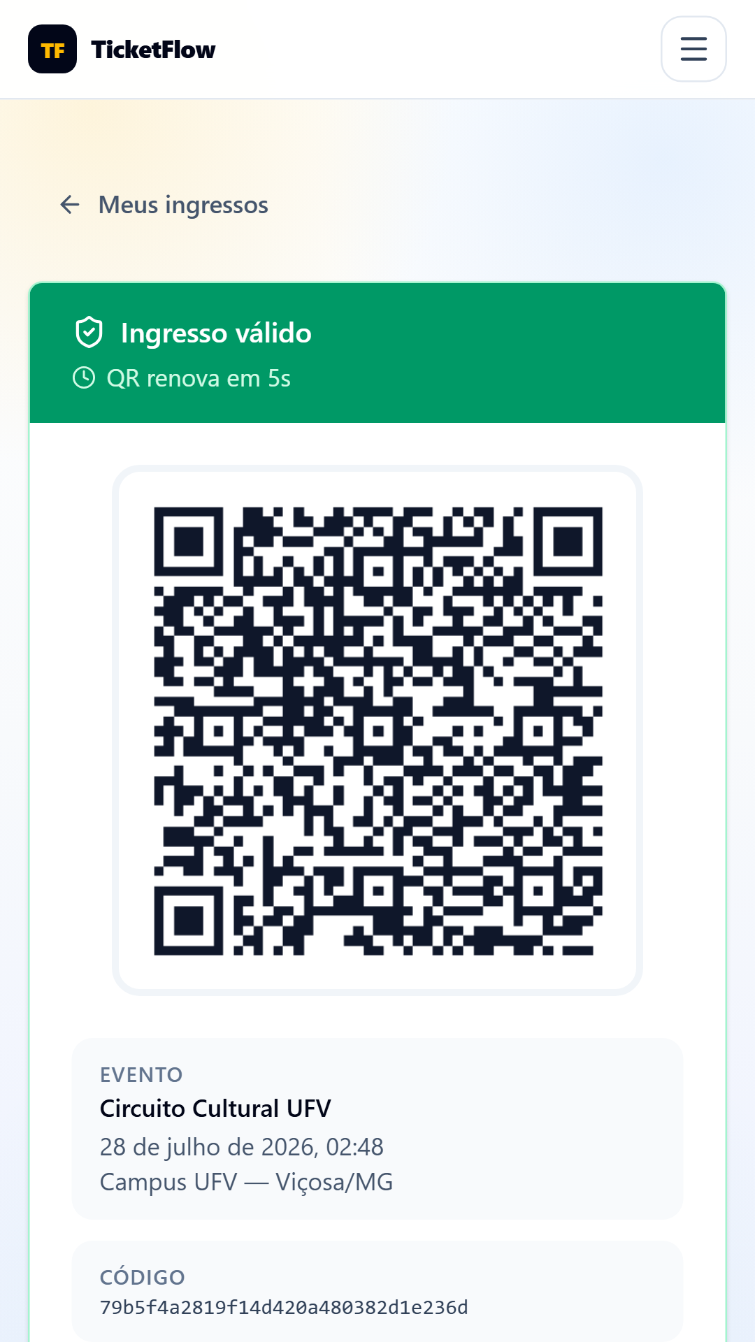 Ingresso no celular com QR dinâmico