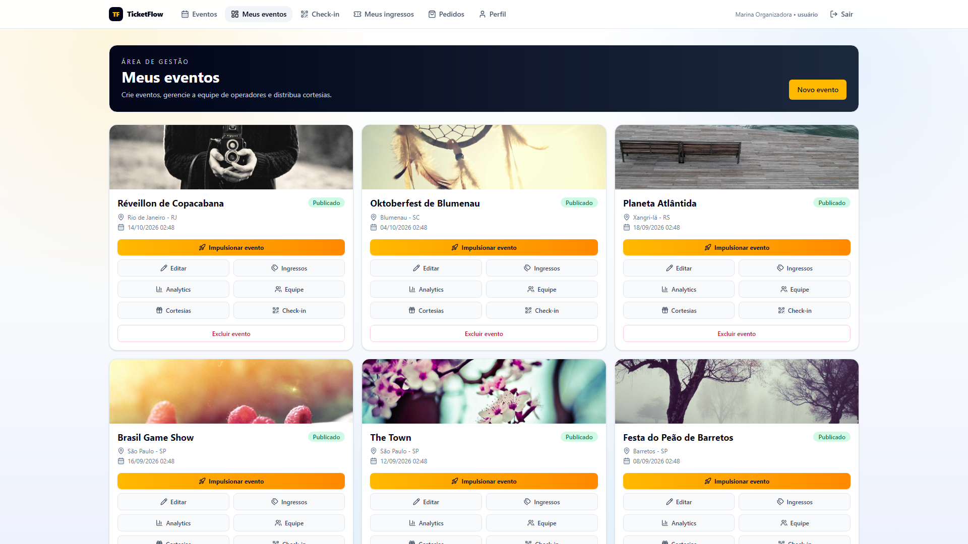 Painel do organizador — meus eventos